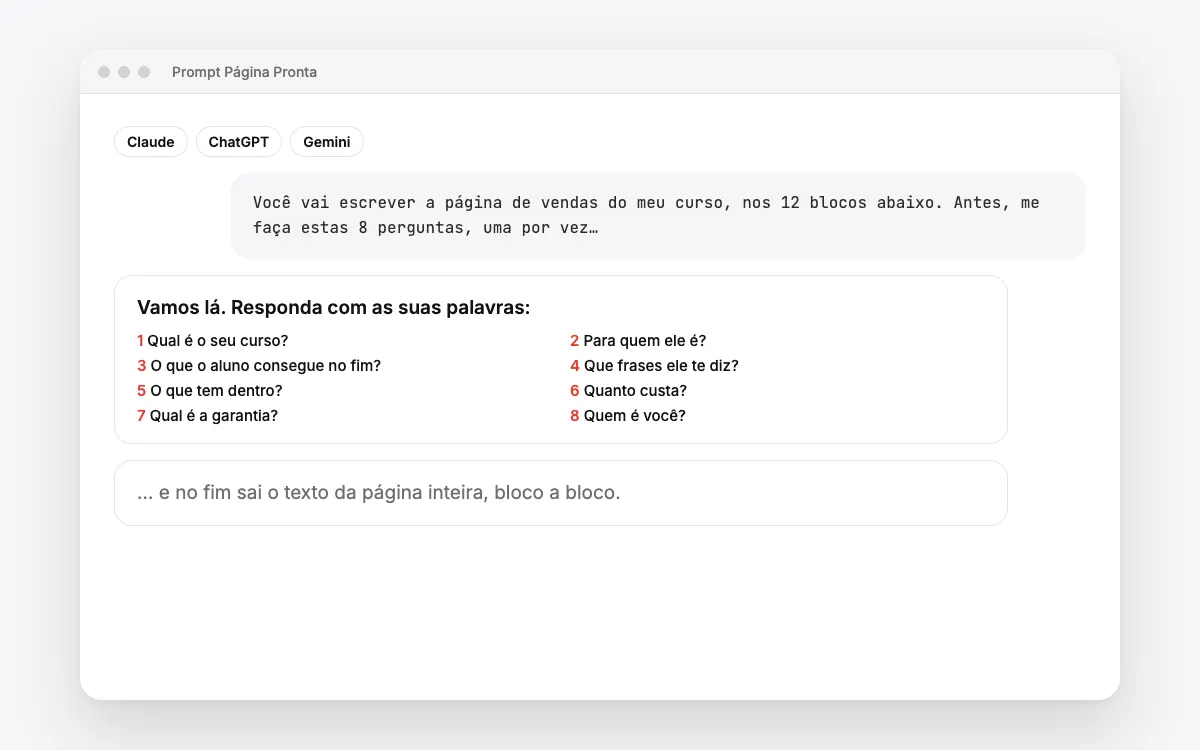 Prompt Página Pronta com as 8 perguntas